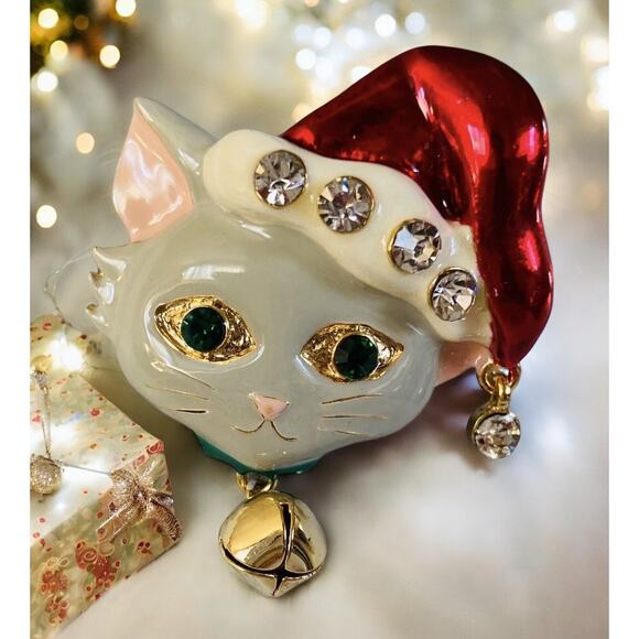 New Enamel & Crystal Santa Claus Kitty CAT kitten CHRISTMAS Xmas Pin Brooch - Picture 1 of 5